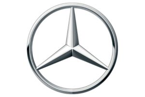 Logo Mercedes-Benz, estrela de três pontas prateada dentro de um anel circular metálico, identidade visual premium automotiva
