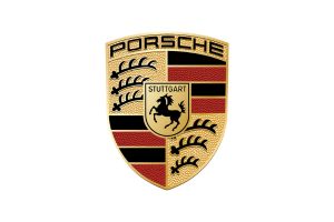 Logo Porsche, brasão dourado e vermelho com cavalo empinado ao centro e a palavra STUTTGART, identidade visual esportiva alemã