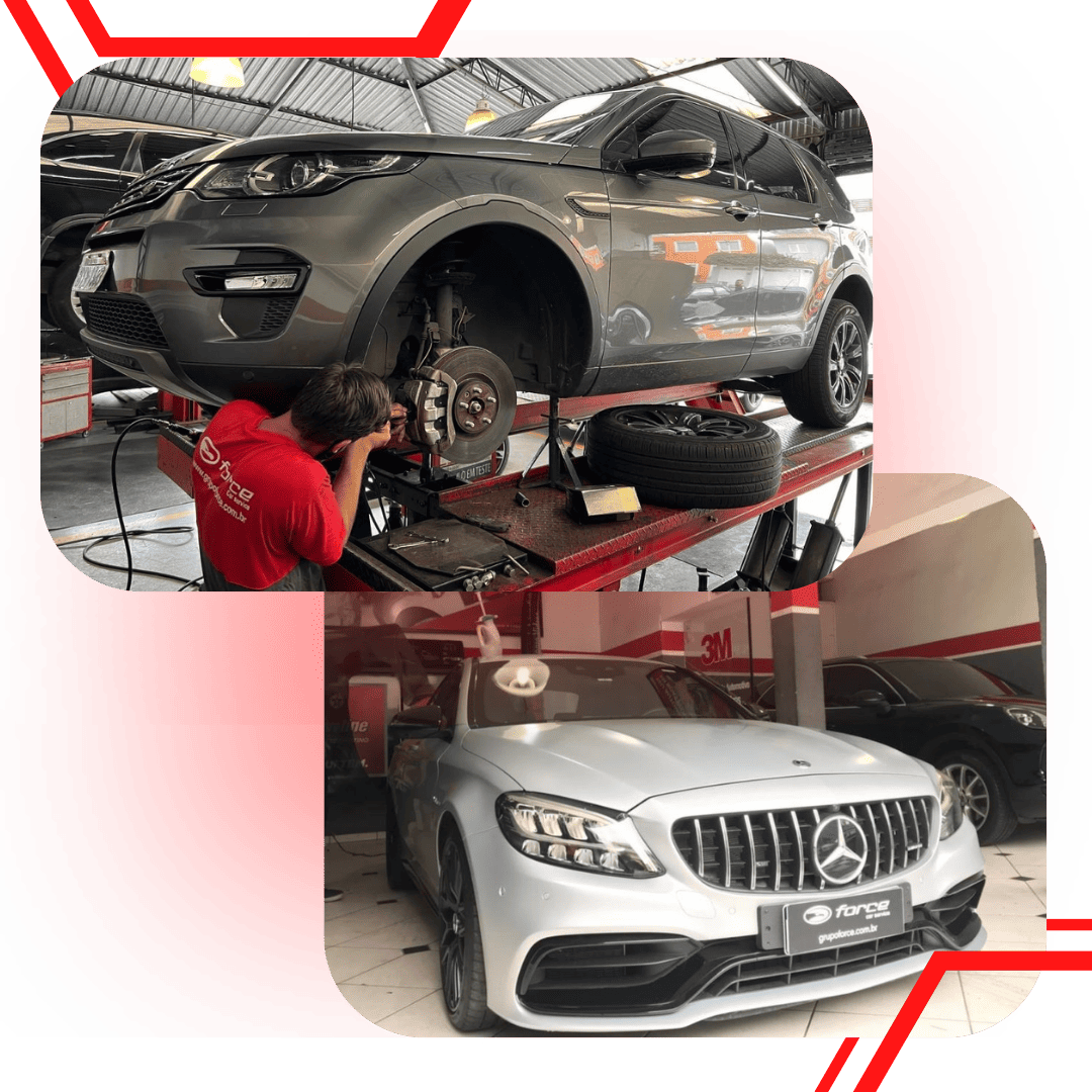 Colagem de fotos de oficina automotiva: mecânico com camisa vermelha realizando manutenção em freio e roda de SUV cinza sobre elevador automotivo, e Mercedes-Benz branca esportiva em oficina com adesivo da marca Force, ambiente industrial com iluminação natural, fotografia realista